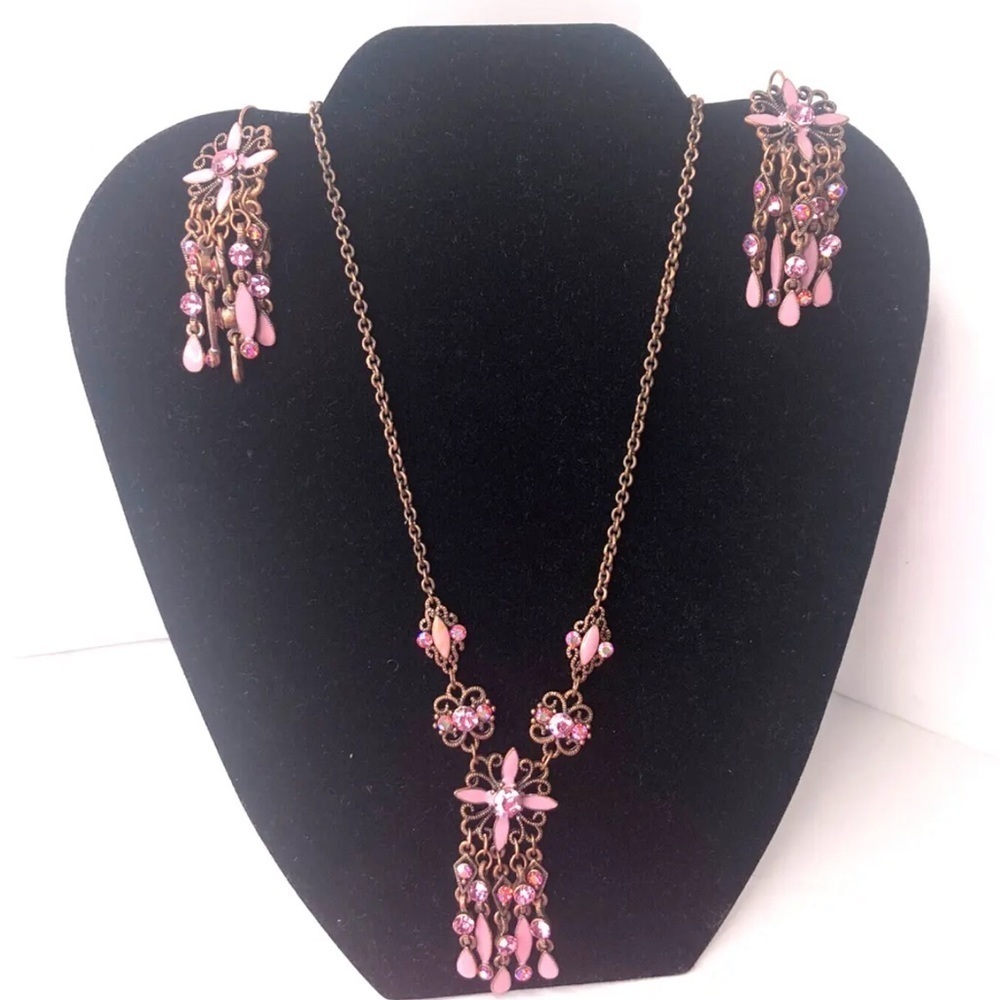 Handmade Necklace Set Chandelier Earrings Enamel Pink Crystals